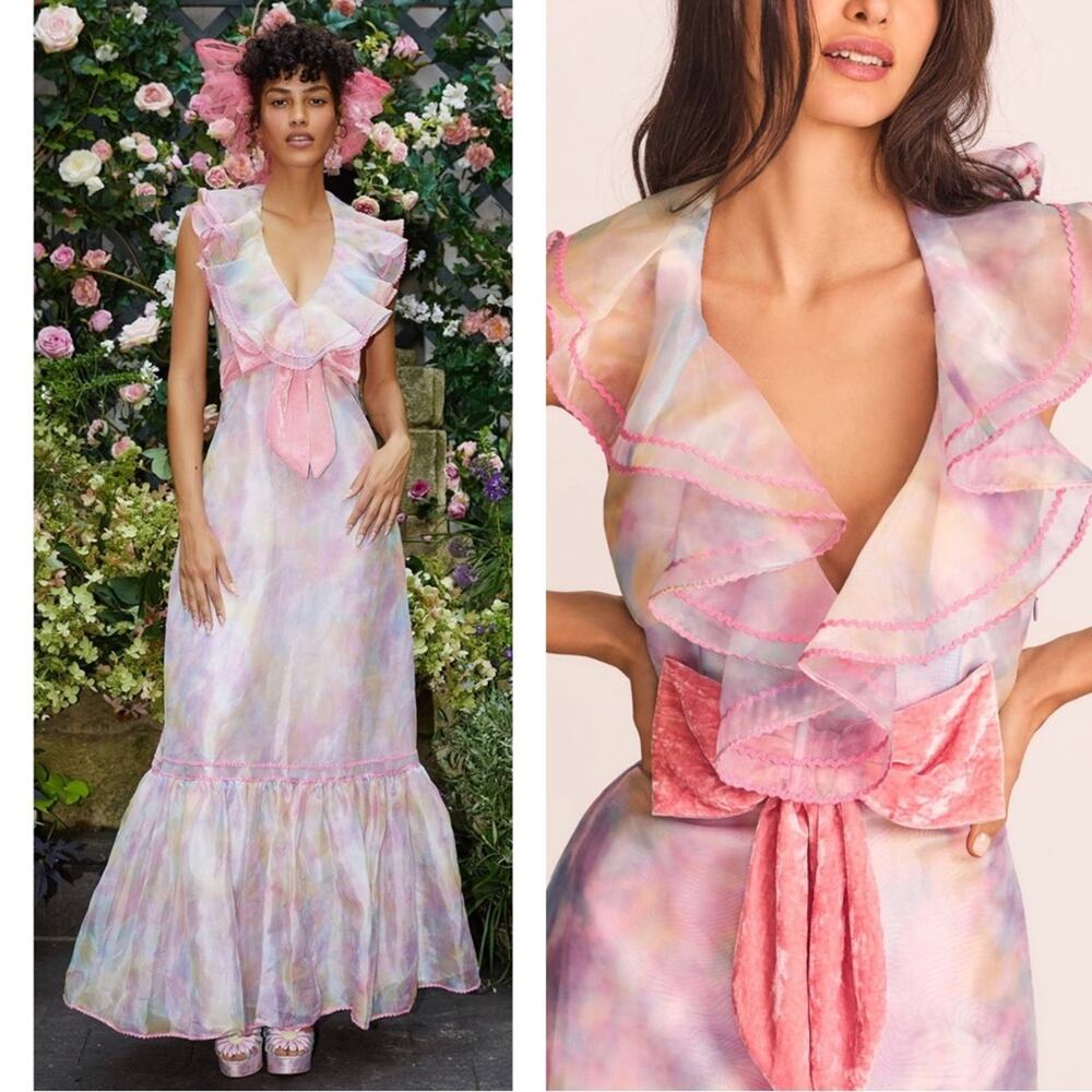 LoveShackFancy Maris Fairytale Printed Tulle Organza Bow Maxi Dress Size 2